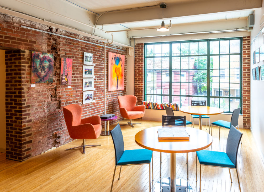 Roebling_Lofts-Mezzanine Lounge with resident art work